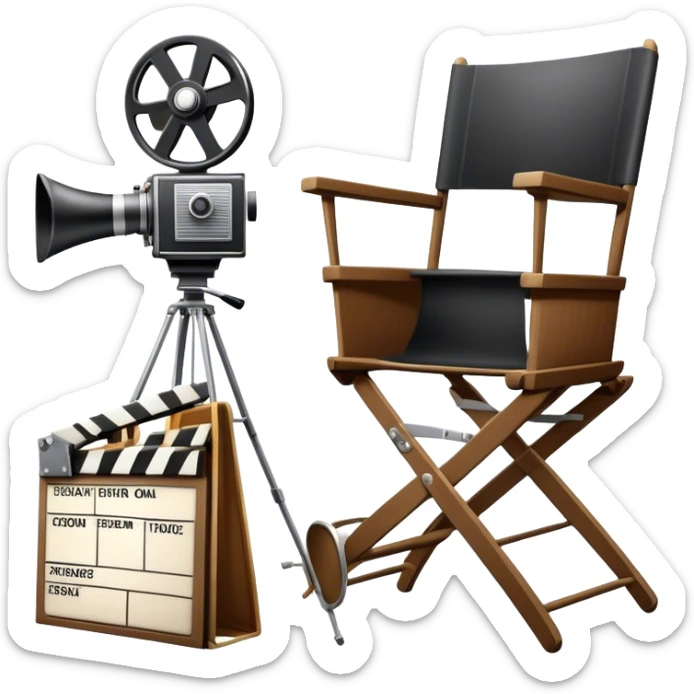 Icon for Directing: a director's chair, a film clapperboard, large movie camera, vintage megaphone and a stage with a spotlight. The icon should represent the creative and organizational aspects of directing, with focus on storytelling, staging, and performance. Transparent background. sticker