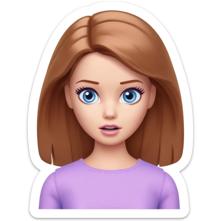 Barbie girl Chestnut Shoulder-length hair and blue eyes is In pale purple clothes a Feels terrified sticker