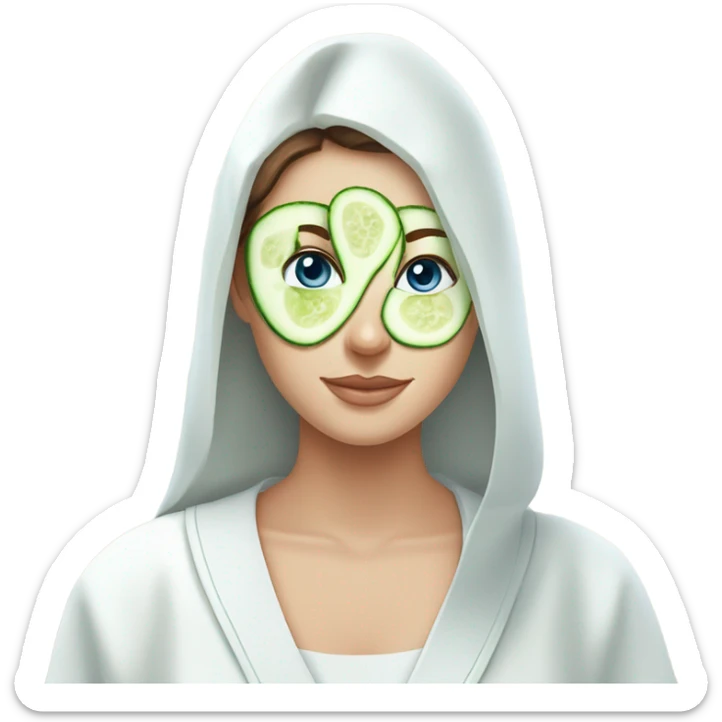 White girl with Brown hair and blue eyes wears a Green colored skincare textured mask and puts on cucumbers around her eyes while She relaxes in her white Robe sticker