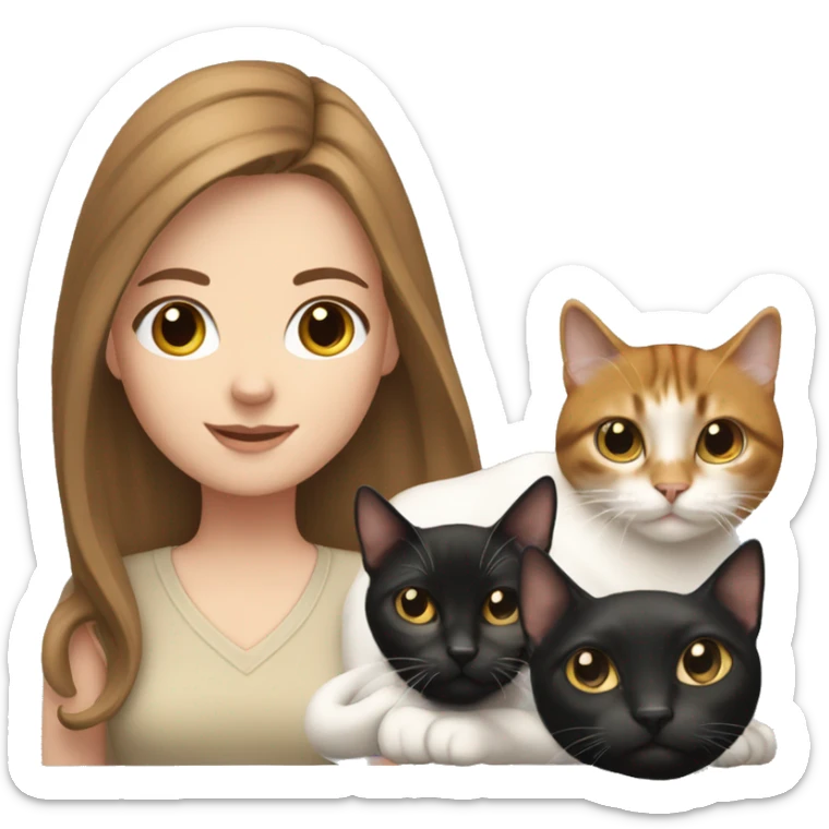 white girl with brown hair with 2 cats, one completely black and the other one fully white  sticker