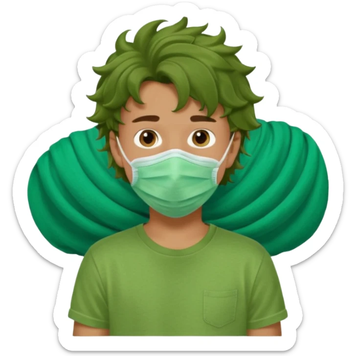 A teenage boy, tanned, wearing a green t-shirt , blue jeans and green sneakers with brown wavy tousled hair, , wearing a green cloth face mask sticker
