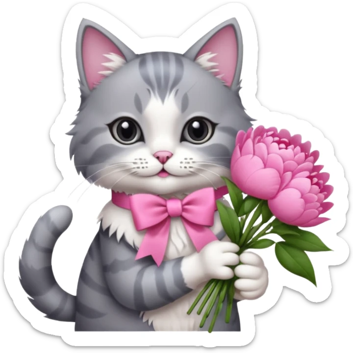 Cute cat Handing pink peonies like reaching a hand and handing them out a bouquet of them not a physical hand the cats hand  make the cat fluffy and grey and white fluffier make the cat wear a pink coquette make her wear a pink coquette sticker