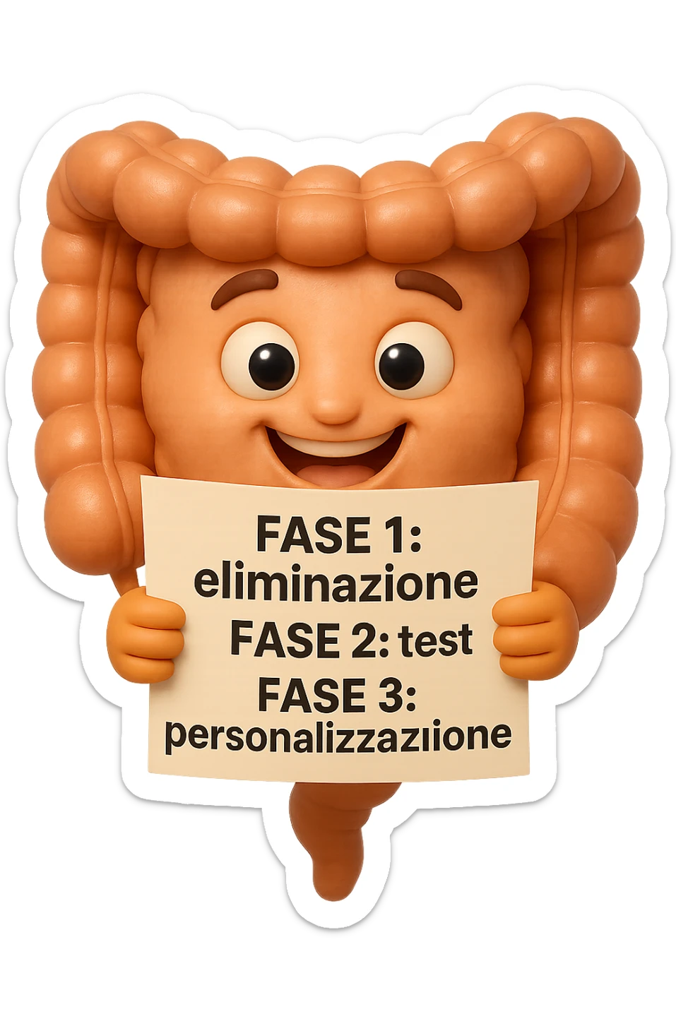 emoji stile iphone 3d di un intestino che tiene in mano un foglio con la scritta "FASE 1: eliminazione, FASE 2: test, FASE 3: personalizzazione, IPERREALISTICO 4K sticker