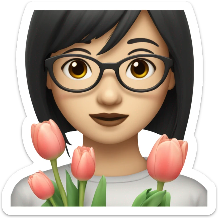 asian pale skin girl with long black shaking hair and bangs and glasses holding tulips sticker