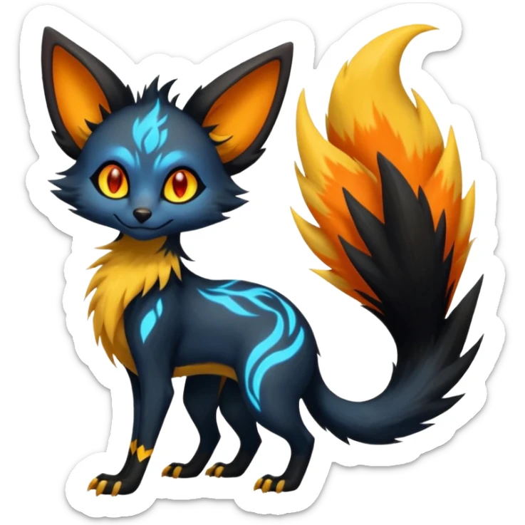 Lykoi-Fennekin-Electrike-Luxray-fusion-hybrid-animal-Fakémon-creature, full body, thin long sleek scaly tail, intricate markings sticker