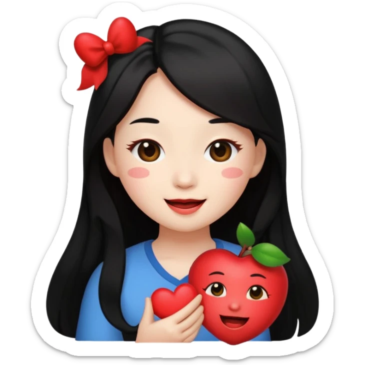 wonyoung as an apple-style emoji, winking, holding a heart, long hair sticker