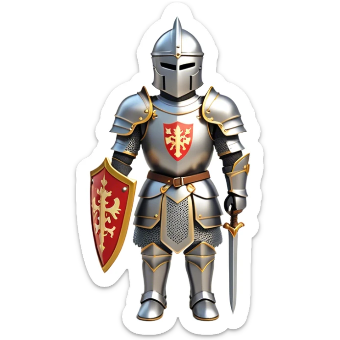 Clash of Clans aesthetic: Cinematic heroic Armored Knight Hero Emoji, rendered in a 3D vector-style similar to standard emojis with minimal shading and bold, simplified shapes. A compact, isometric warrior clad in gleaming plate armor with intricate heraldic details, softly glowing with a chivalrous medieval charm. Simplified yet unmistakably iconic, highly detailed and consistent, glowing with a soft radiant shine and high polish. Stylized with a touch of noble valor and a soft glowing outline, wearing a full face helm so that no face is visible with only eyes visible, capturing the essence of a gallant knight ready for honorable battle with a friendly, playful manner! sticker