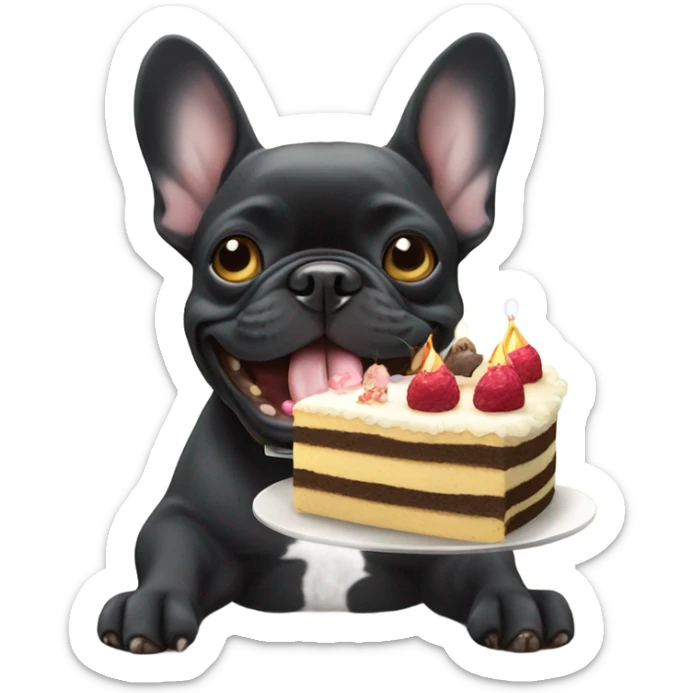 birthday of a black french bulldog eating cake sticker
