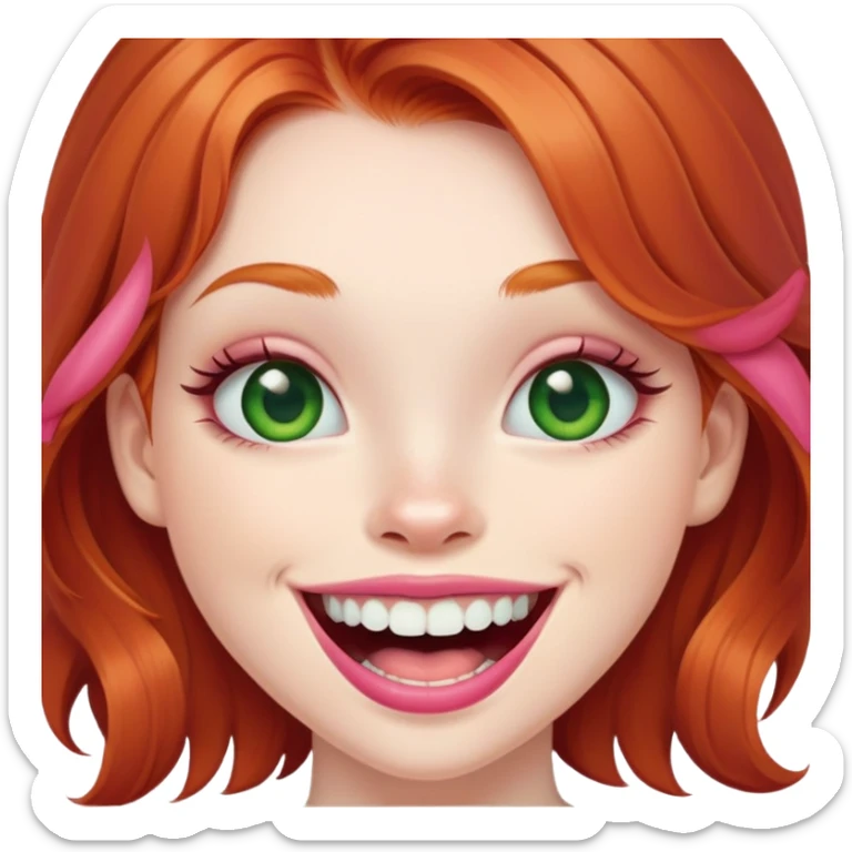 Young girl with pale skin, full pink lips smiling with big teeth, ginger red hair (not pink), big brown eyes with a hint of green, big mouth sticker