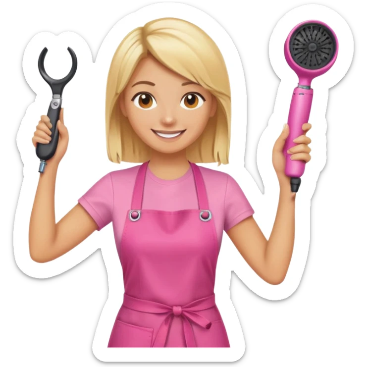 blonde female hairstylist smiling, pink t-shirt, orange apron, holding scissors and hairdryer with hands raised sticker