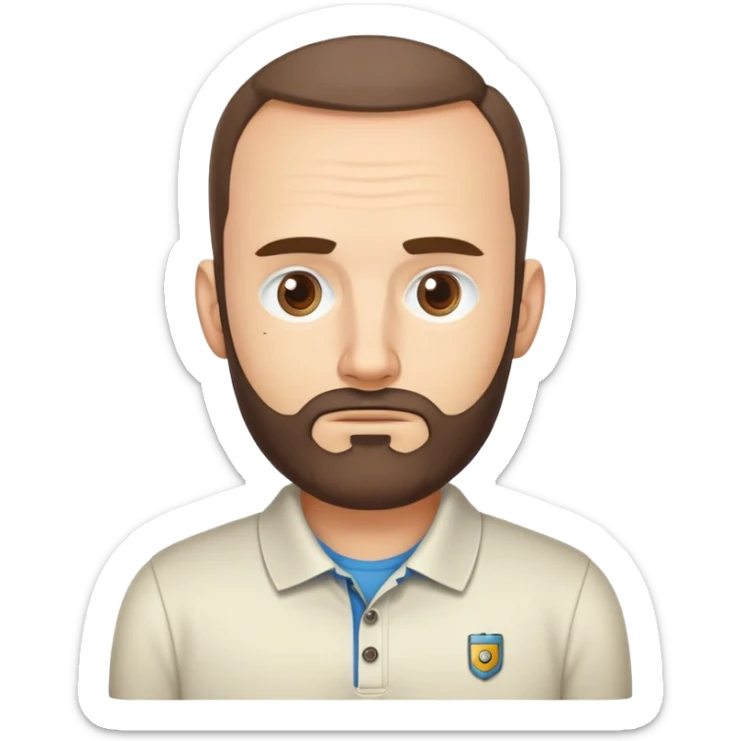 Gender: Male Hair: Receding hairline compensated by beard Face: Caffeine-twitching left eye Clothes: Wrinkled polo ("RPA Evangelist") Action: Debugging Python scripts for robotic workflows sticker