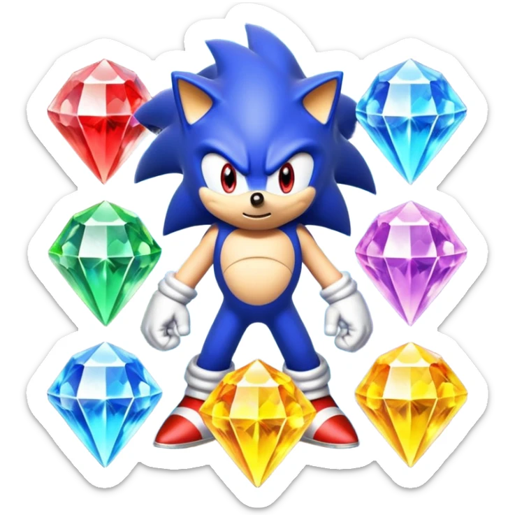I want Sonic the hedgehog with the 7 chaos emeralds and the Goku aura transformation, where is the super Sonic aura Is a power 7 diamonds, red, blue, yellow, green, white, skyblue and purple, and Sonic changed color into yellow with the seven diamonds or chaos emeralds, and the spine is up sticker