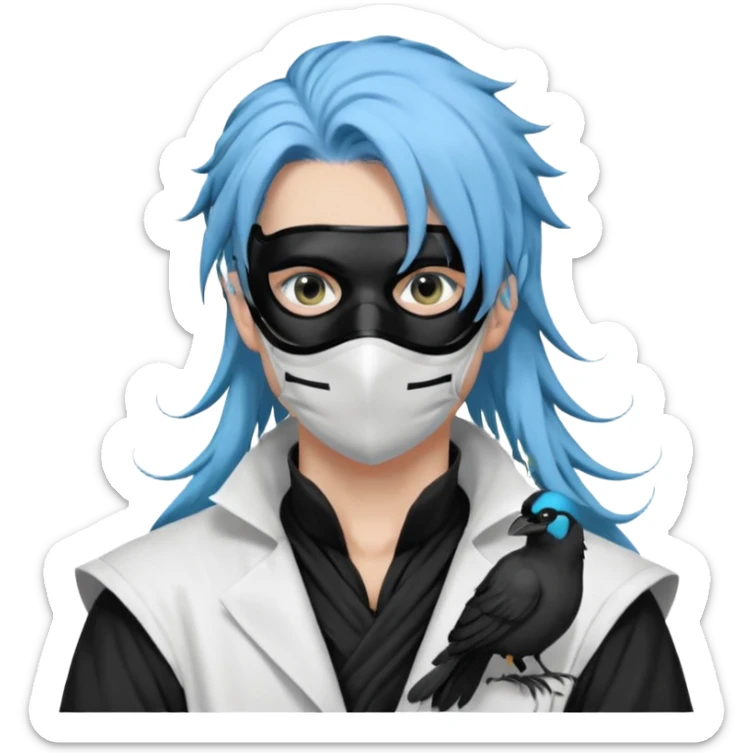 Handsome sexy adult anime man with light-blue hair and a black bird beak mask that covers whole face, black face mask, black mouth mask, black feathers draped over shoulder, wearing a white lab coat, long thin hair tendrils on the sides sticker