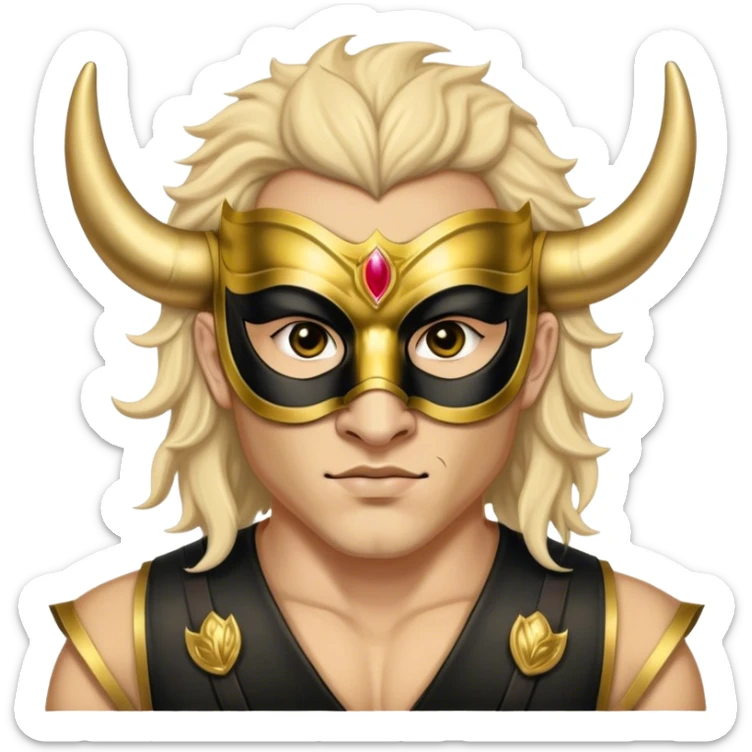 a man, with a vest,  wear half-face golden Buffalo masquerade mask sticker