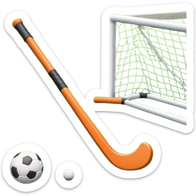 field hockey stick and ball on vibrant green grass field with goalposts sticker