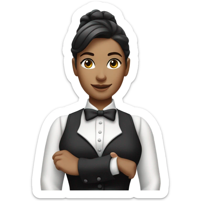a caucasian female butler with a professional and elegant demeanor. She has her hair neatly tied in a ponytail and wears a classic butler uniform, including a tailored vest, crisp white shirt, and bow tie. sticker