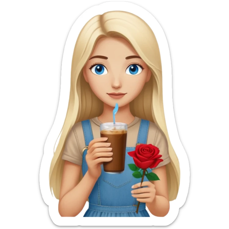 Turkish beautiful finish Konya girl long blonde hair and blue eyes with beige denim dress and had on her hand Rose Cold brew coffee   sticker