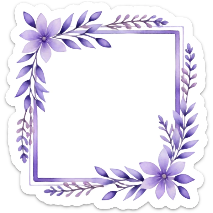 The art style is clean line art with delicate watercolor textures, pastel colors, and a dominant palette of lavender, soft lilac, and muted purple.  Delicate frame to border text sticker