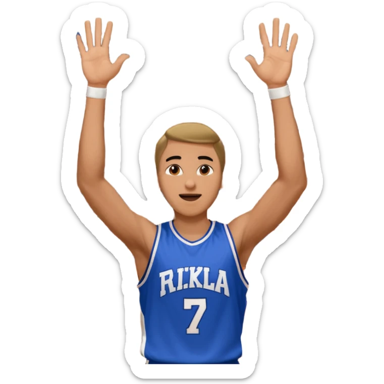 Maverick Trevillian in the crowd at an amateur basketball game. He leans towards the camera and enthusiastically shouts "six seven while performing a distinctive hand gesture: both hands open, palms facing upward, moving up and down as if weighing two options. sticker