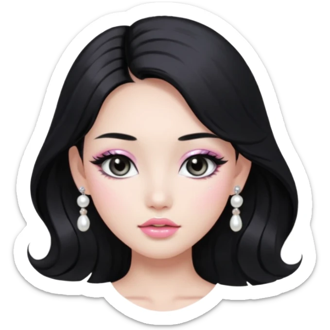 asian long voluminous black hair silver grey eyes glossy lips glittery white and light pink eyeshadow girl pearl earrings sticker