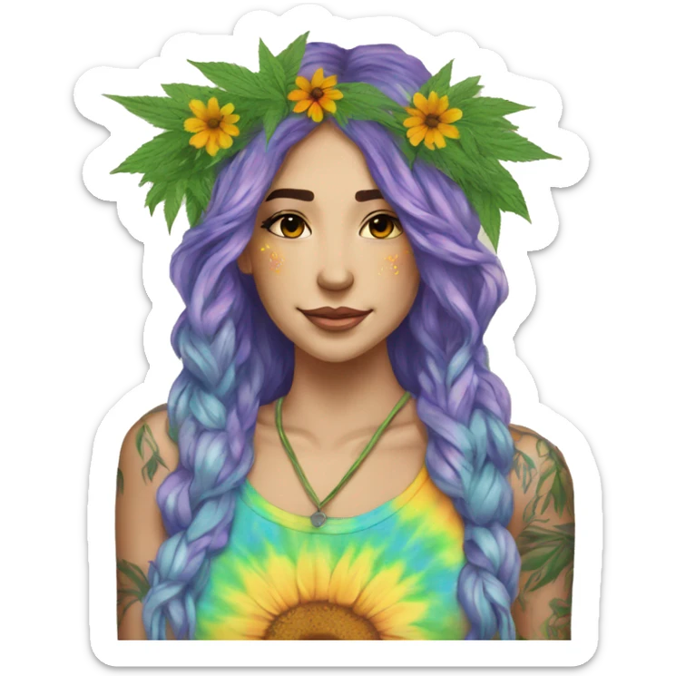 420 Tie dye hippie person flower crown tattoos hemp leaves sticker
