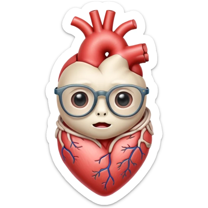 Quiero un corazón anatómico pintado en lápiz con colores pasteles a la vez tienen que ser realista Chibi Kawaii con boca y ojos unos lentes. Borde blanco para sticker sticker