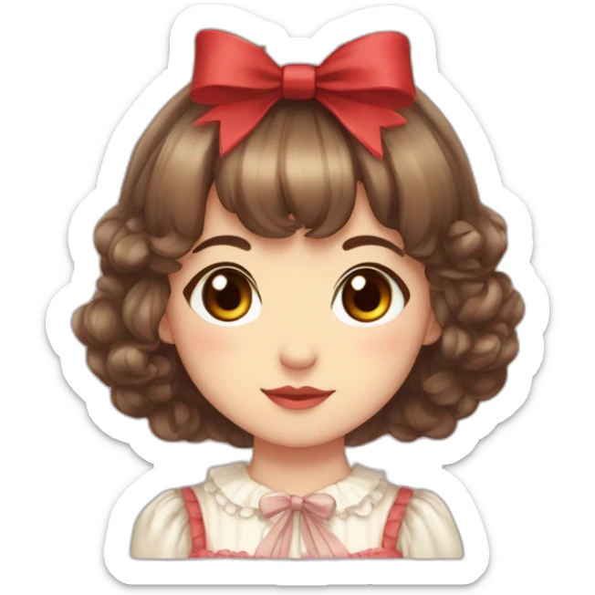cute girl with brown eyes,brown hair,bang between eyes,short fluffy hair,red ribbon on head,lolita dress,two sides up sticker