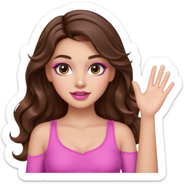 girl with long wavy brown hair, brown eyes, long lashes makeup, sexy pink lips, light to medium complexion, pink sexy top,waving sticker