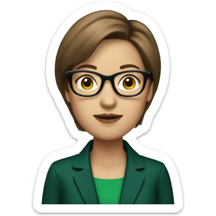 accounting woman with brown bob cut hair, an emerald green jacket and black glasses sticker