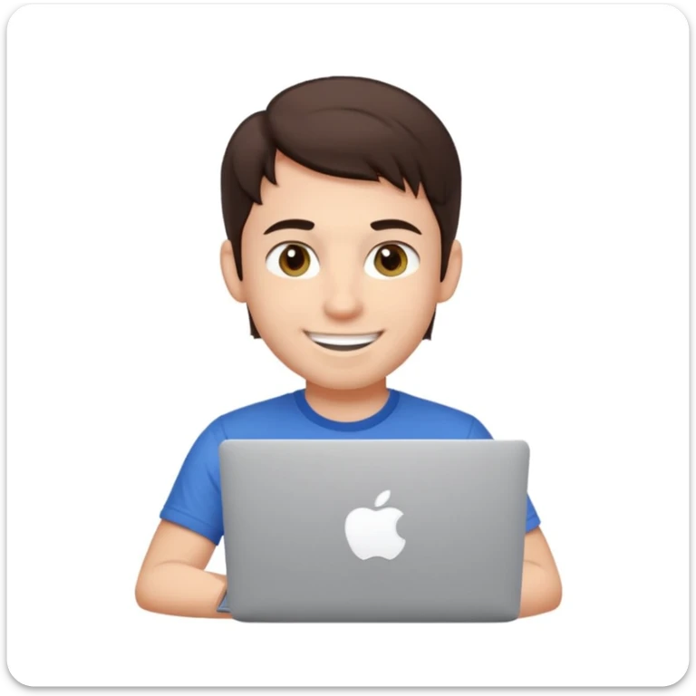 apple-style emoji of a friendly young male developer with dark brown hair, hazel eyes, a dimple, smiling and winking, wearing a tech t-shirt, at a MacBook with Apple logo, light gray background sticker
