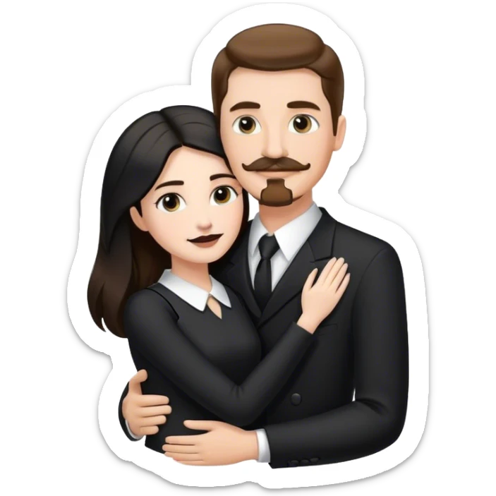 tall white man with brown hair goatee mustache hugging a pale woman with long black hair, wearing black and white formal clothing sticker