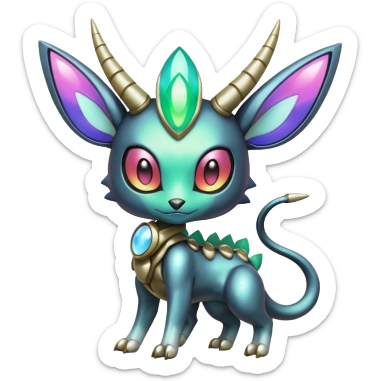 Shiny Colorful Futuristic Horned Cyber-Vernid-Trico-Meloetta-Grem2-Peppercat-Protogen-Pokémon-Digimon-Fakémon-fusion-hybrid-creature sticker