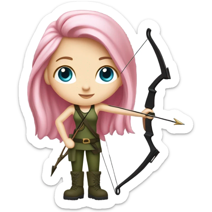 girl holding bow and arrow, long pink hair, blue eyes, white skin, army green cargo pants, black tank top, black combat boots, elf ears sticker