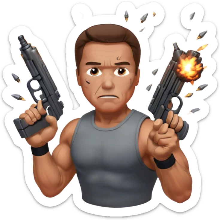 Icon for Action Movies: Arnold Schwarzenegger in the lead role, in an intense action pose with weapons, explosions, and dramatic background. The design should evoke the classic action movie feel with muscle-bound heroes and high-energy sequences. Transparent background. sticker
