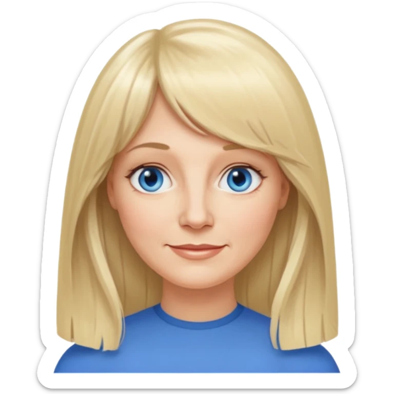 50 yr old white woman, curtain bangs, very long straight blond hair, oval face, small smile, blue eyes, thin face, hair down to elbows, round cheeks, pale sticker