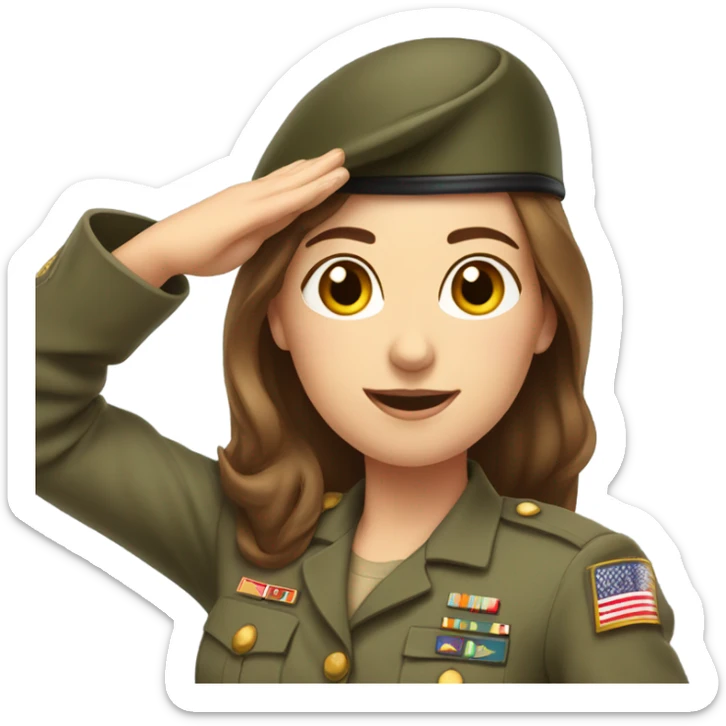 Just shoulders White woman long brown hair in army uniform salute   sticker