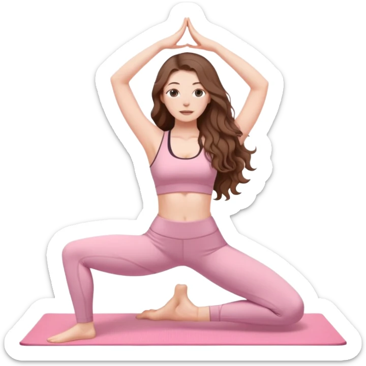 A white girl with long brown wavy hair and pale pink clothes does yoga sticker