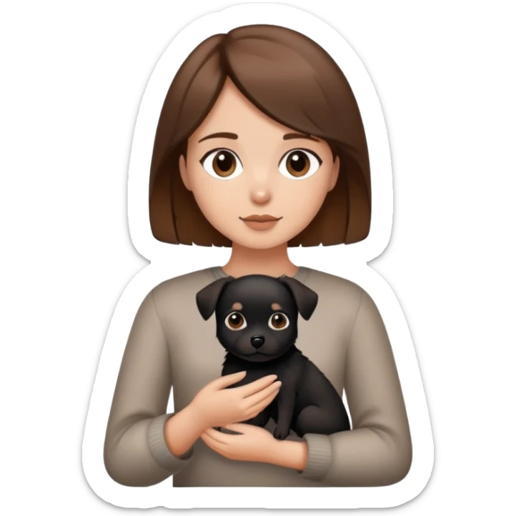 Uma menina de cabelo castanho segurando uma cachorra vira lata pretinha  sticker