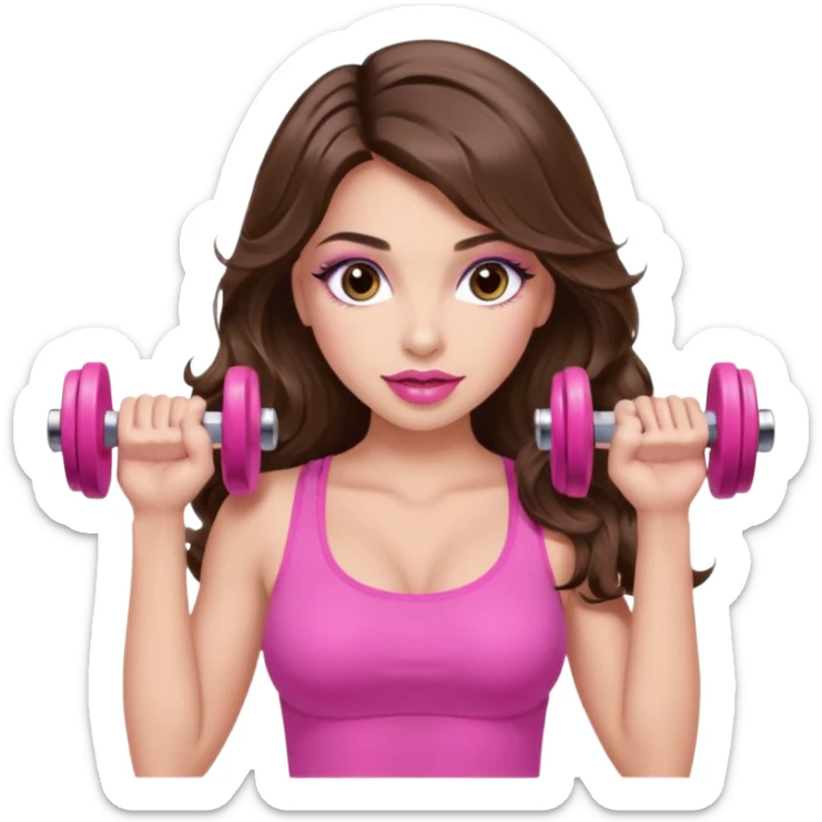 girl with long wavy brown hair, brown eyes, long lashes makeup, sexy pink lips, light to medium complexion, wearing a pink sexy top, lifting a pink dumbells sticker