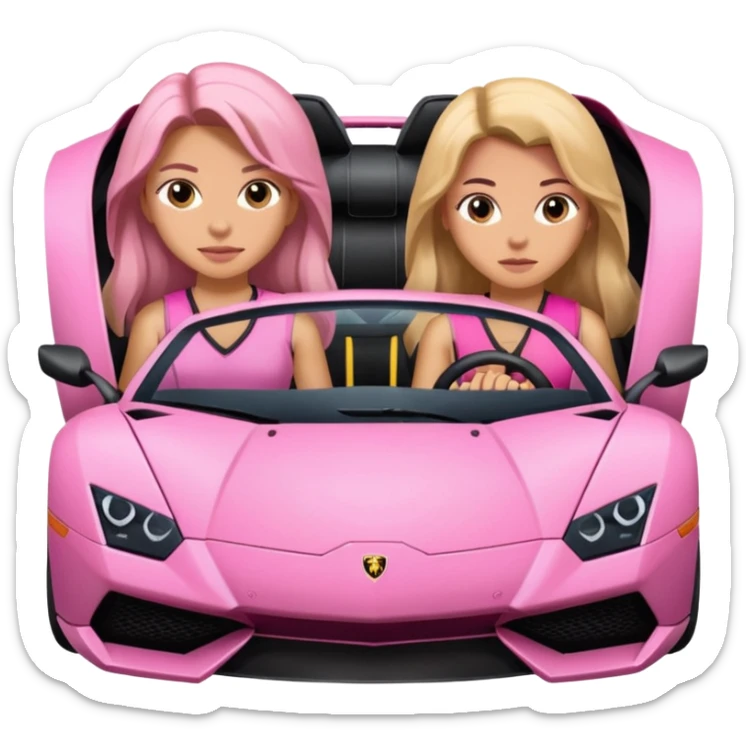 Make car far away so I can see full car Car facing forward in sports car. Make hair long  two girls in car far away Front of car sitting in the seats. Make it a pink sports car. They are two baddies make it a Lamborghini pink car  sticker