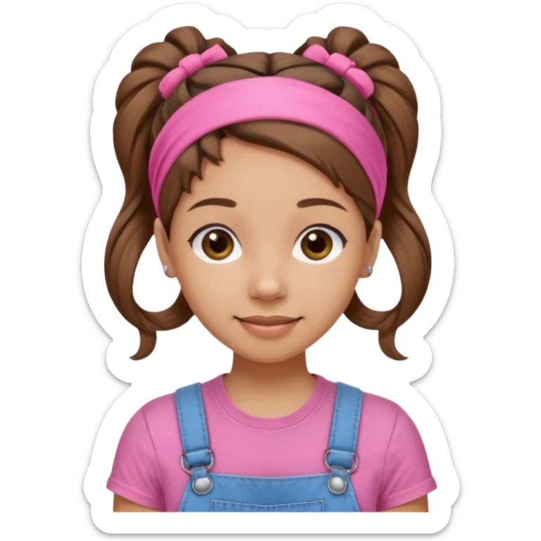 light skin woman with nice brown hair tied together in a one hairtie, wearing a pink t-shirt, demin overalls and pink wraparound hairband. expression is friendly, warm and enthusiastic.  sticker