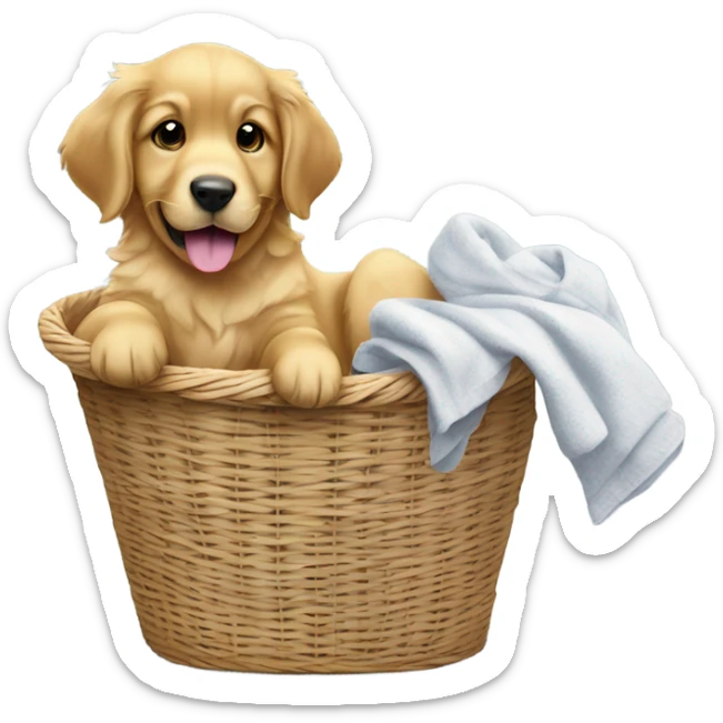 puppy golden retriever in a laundry basket with a sock in its mouth sticker