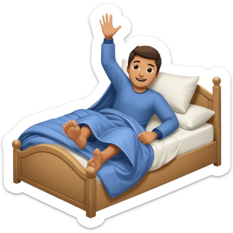 A man in bed under covers kicking feet in air because so excited to sleep. Eyes are closed and he is smiling and Show his feet sticker