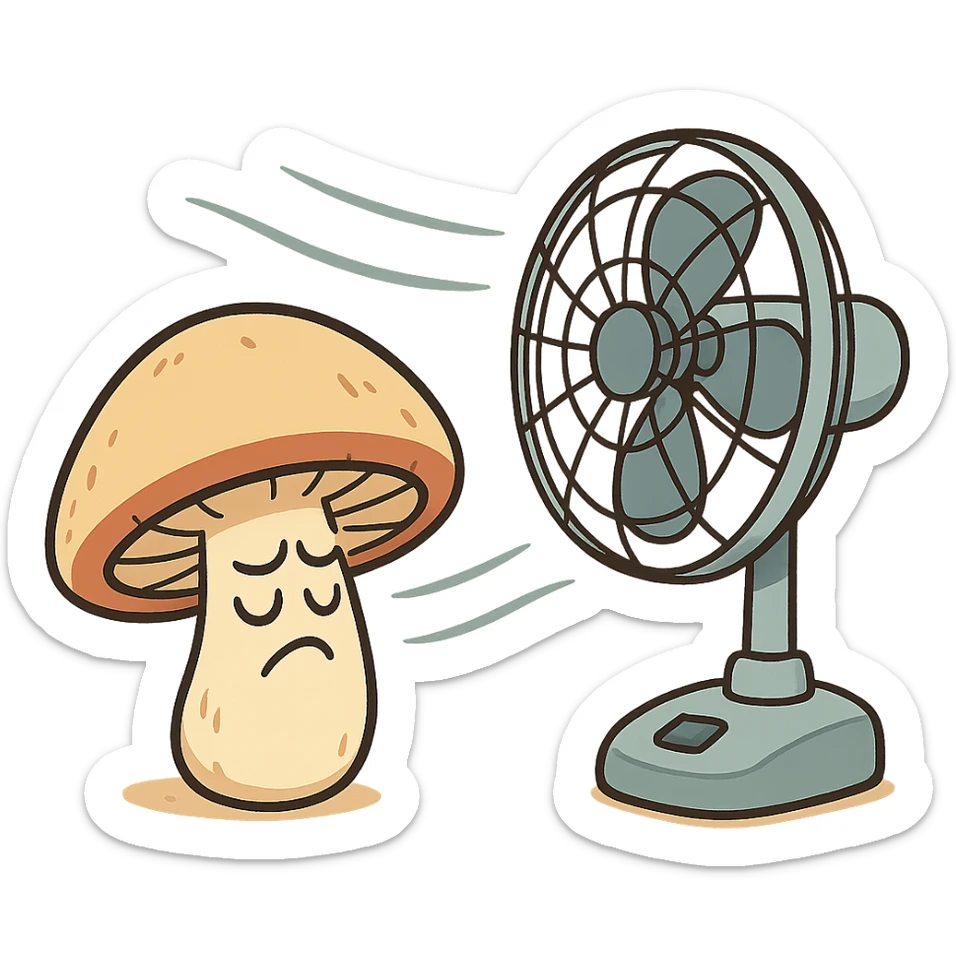 a cartoon style illustration of a mushroom with wind lines from a fan showing the drying process sticker