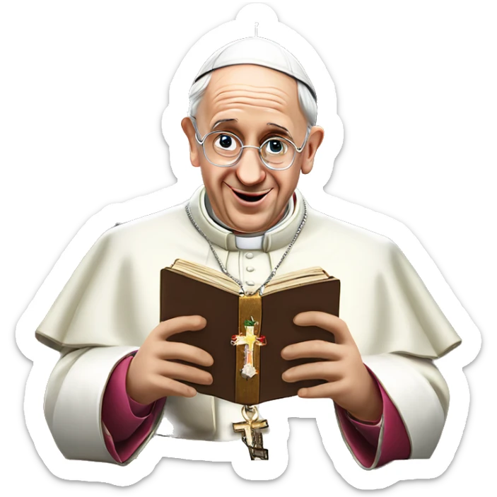 pope francis inside of a church holding a bible wearing a christmas hat sticker