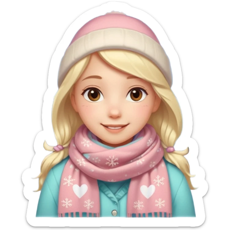 A cute, warm Christmas emoji-style illustration for a romantic A cozy winter atmosphere, soft pastel colors, gentle lighting. A sweet smiling girl with a warm scarf, glowing Christmas lights, snowflakes, and a small heart symbol. clean lines, closeness, and affection.
 sticker