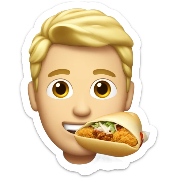 White guy with blonde pompadour hairstyle eating a burrito and chicken tenders sticker