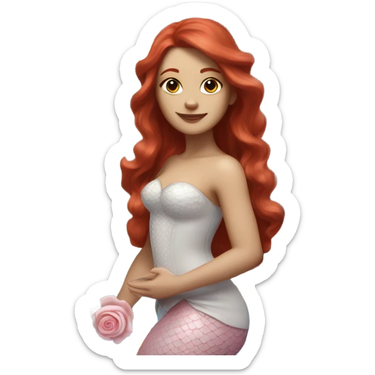 Realistic european woman with longer red  hair with pink roses & white daisies in hair wearing mermaid style blue dress posed elegantly  sticker