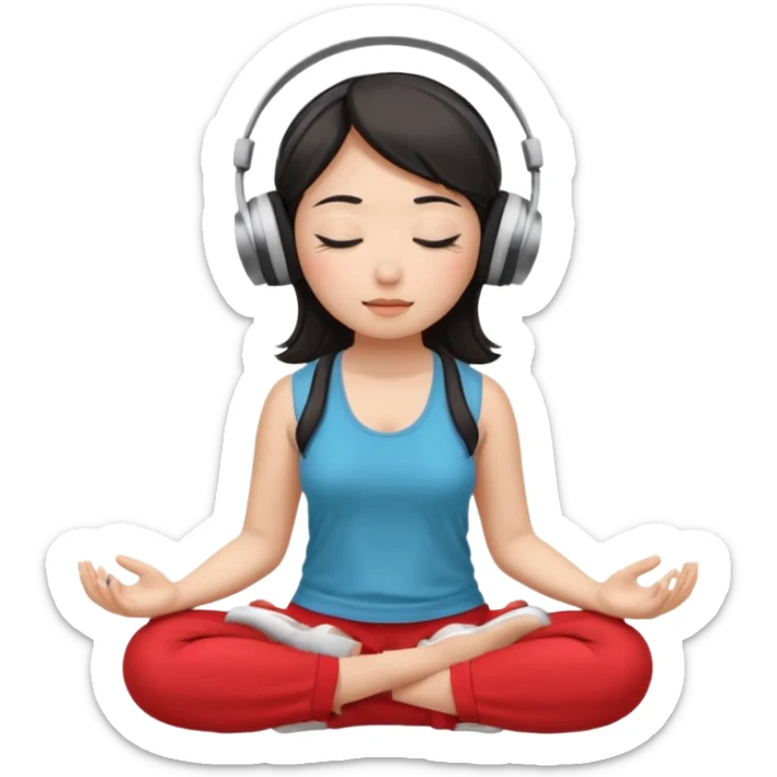 An East Asian woman🧘🏻‍♀️ is sitting cross-legged in a meditation pose, wearing Apple headphones🎧 and listening to music. The song is so beautiful that she has her eyes closed and tears streaming down her face. sticker