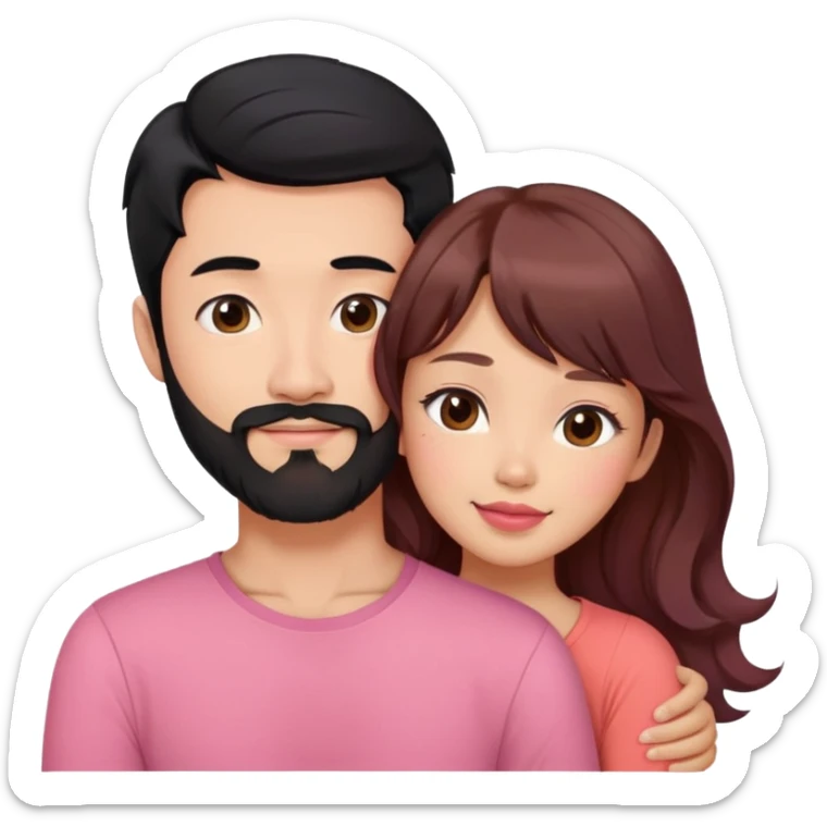 handsome asian man with black hair and beard, hugging cute woman with light tan skin and long wavy reddish brown hair, bangs, pink top, coral lipstick sticker